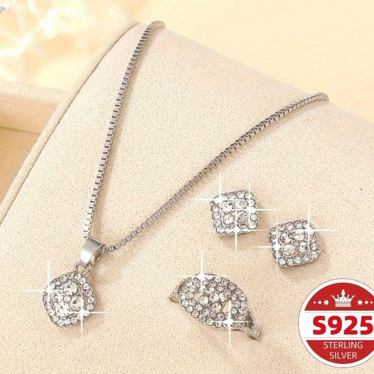 4pcs Elegant S925 Silver Pendant Necklace + Earrings + Ring