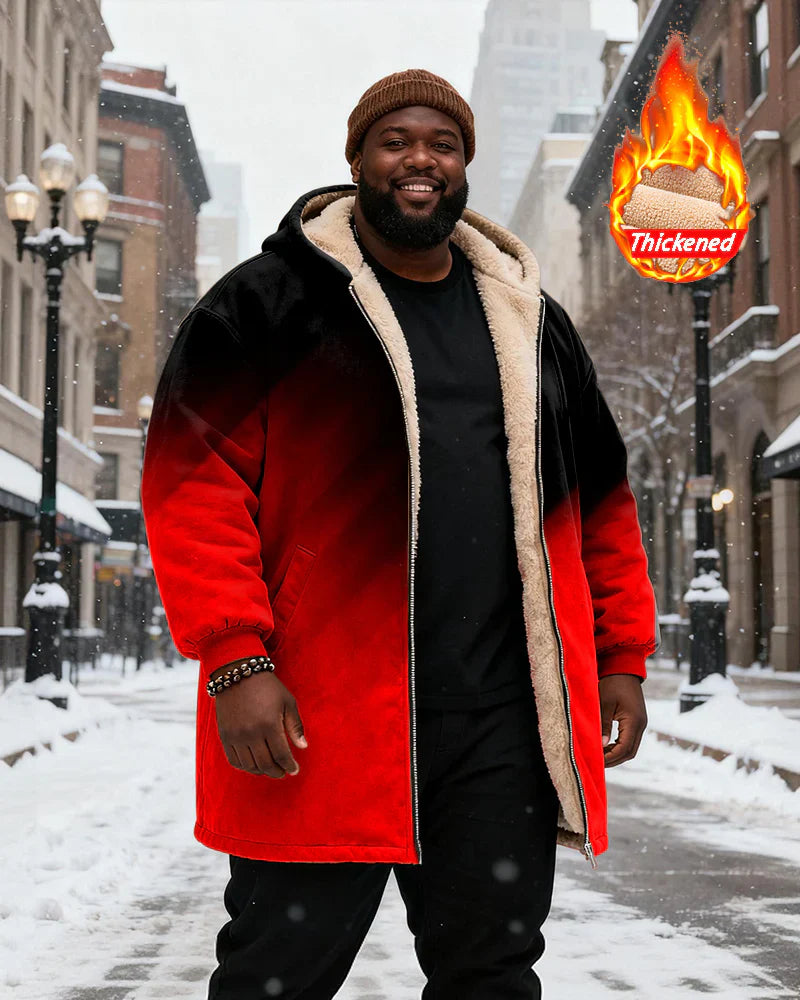 Big & Tall Men's Black And Red Gradient Printed Velvet Padded Long Hooded Coat Secondary image