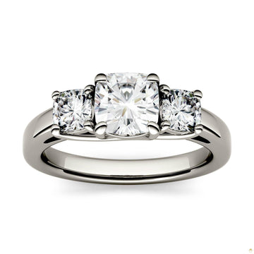 1.76 CTW   Cushion Moissanite Three Stone Ring in 14K White Gold