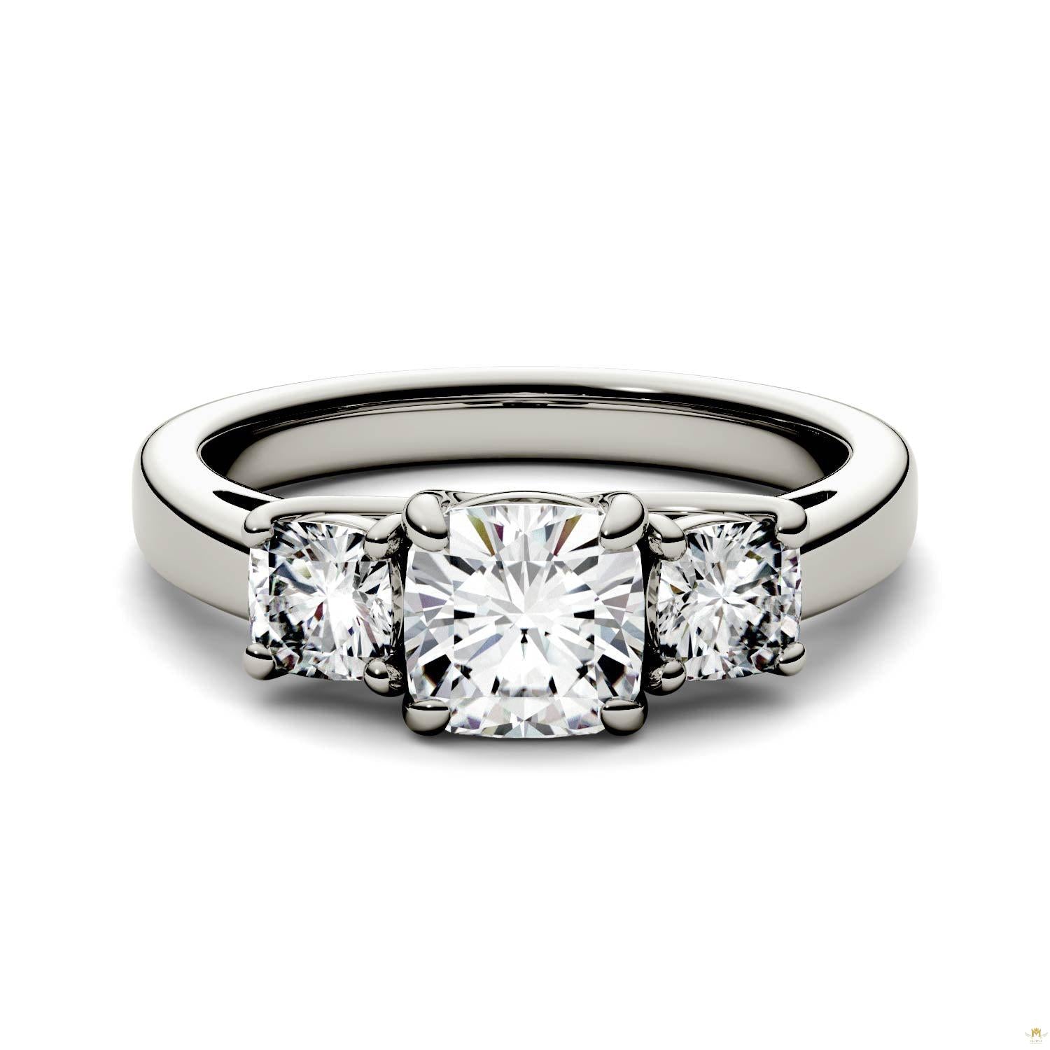 1.76 CTW   Cushion Moissanite Three Stone Ring in 14K White Gold