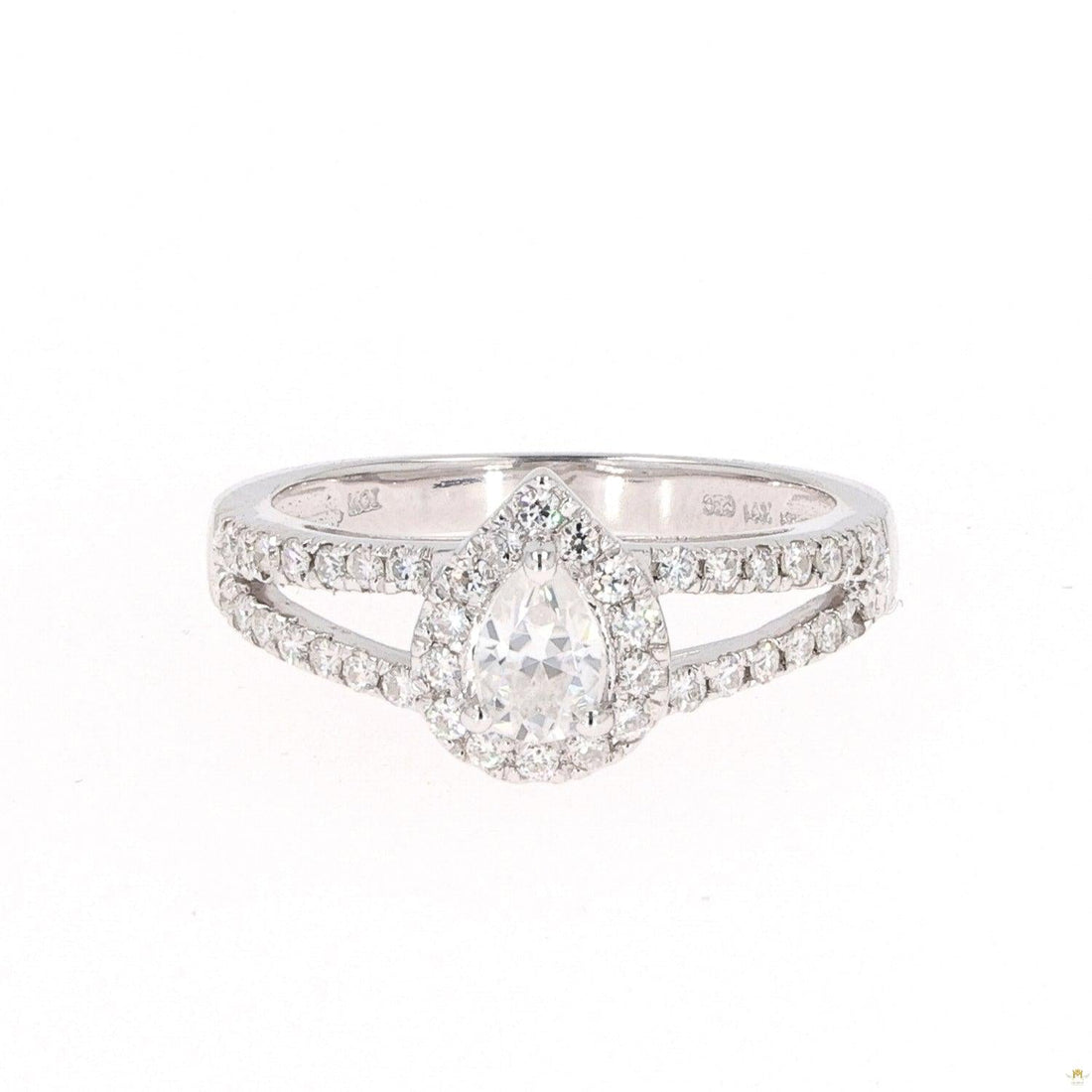 0.96 CTW   Pear Near-Colorless Moissanite Accented Split Shank Halo Engagement Ring in 14K White Gold