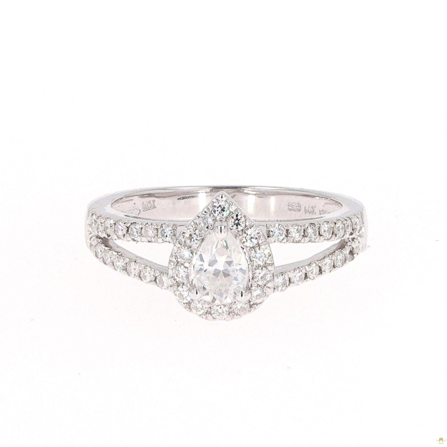 0.96 CTW   Pear Near-Colorless Moissanite Accented Split Shank Halo Engagement Ring in 14K White Gold