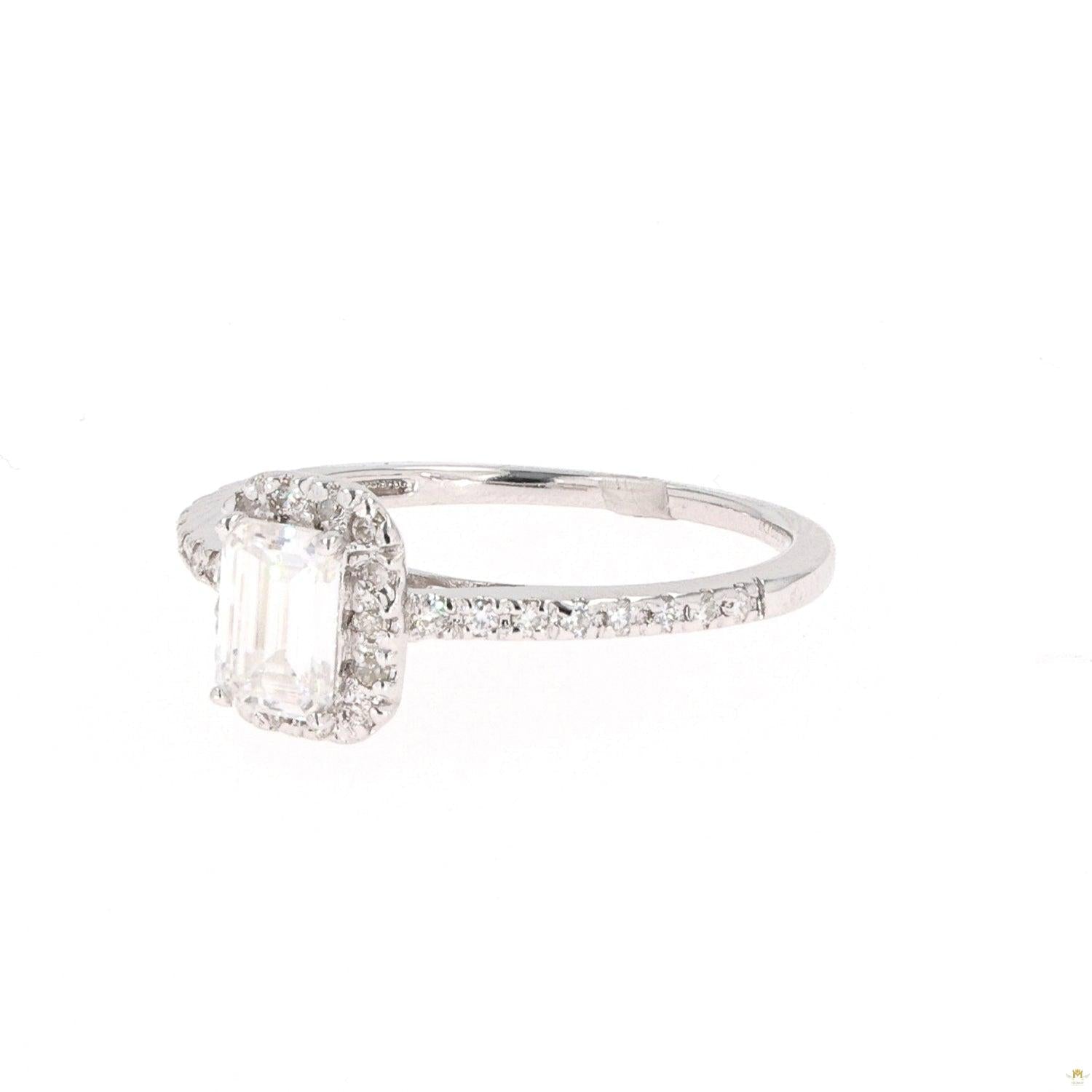 0.73 CTW   Emerald Near-Colorless Moissanite Accented Halo Engagement Ring in 14K White Gold
