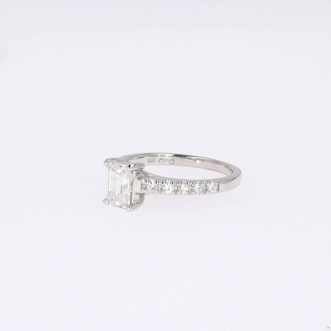 1.24 CTW   Emerald Near-Colorless Moissanite Side-Stone Ring in 14K White Gold
