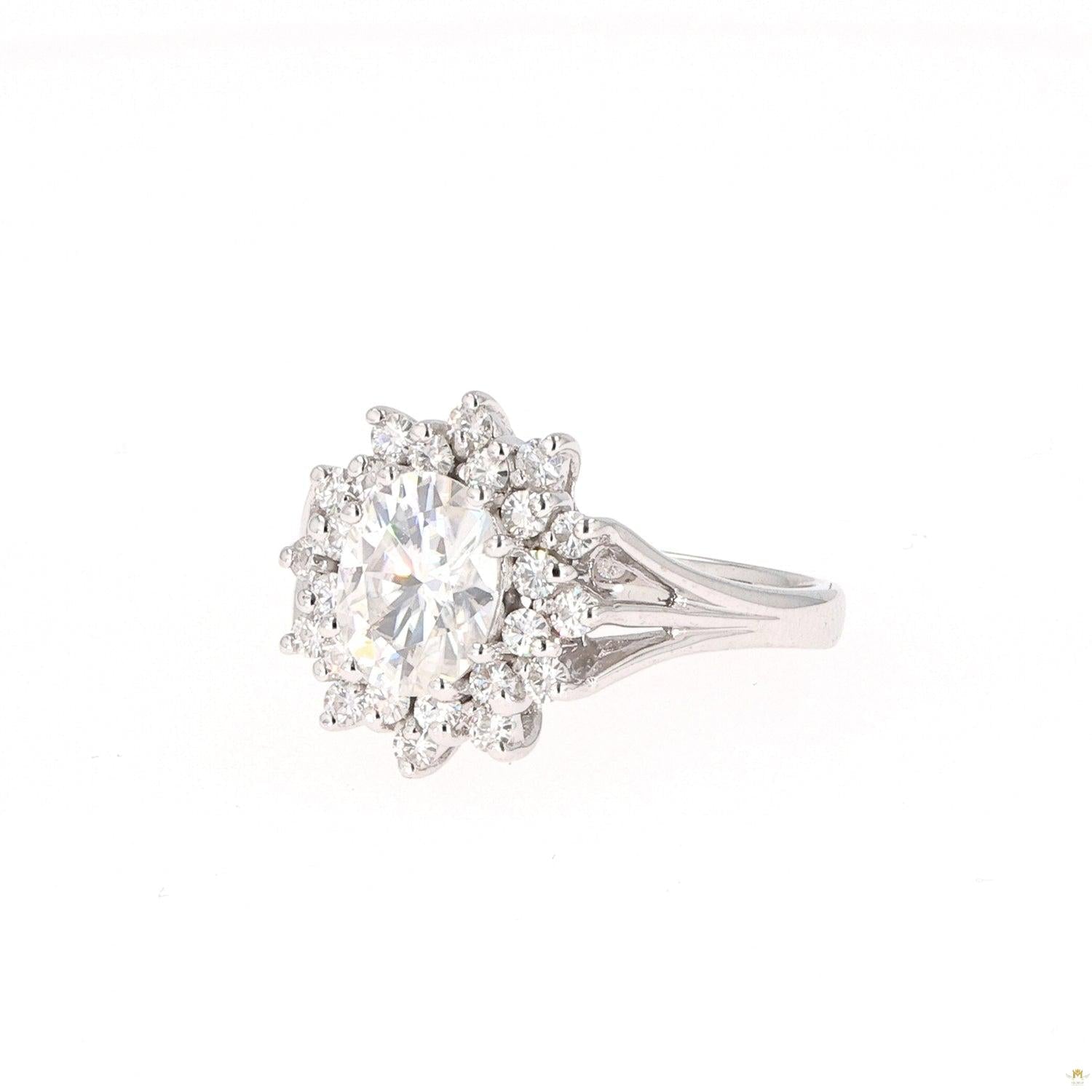 1.98 CTW   Oval Near-Colorless Moissanite Halo Ring in 14K White Gold