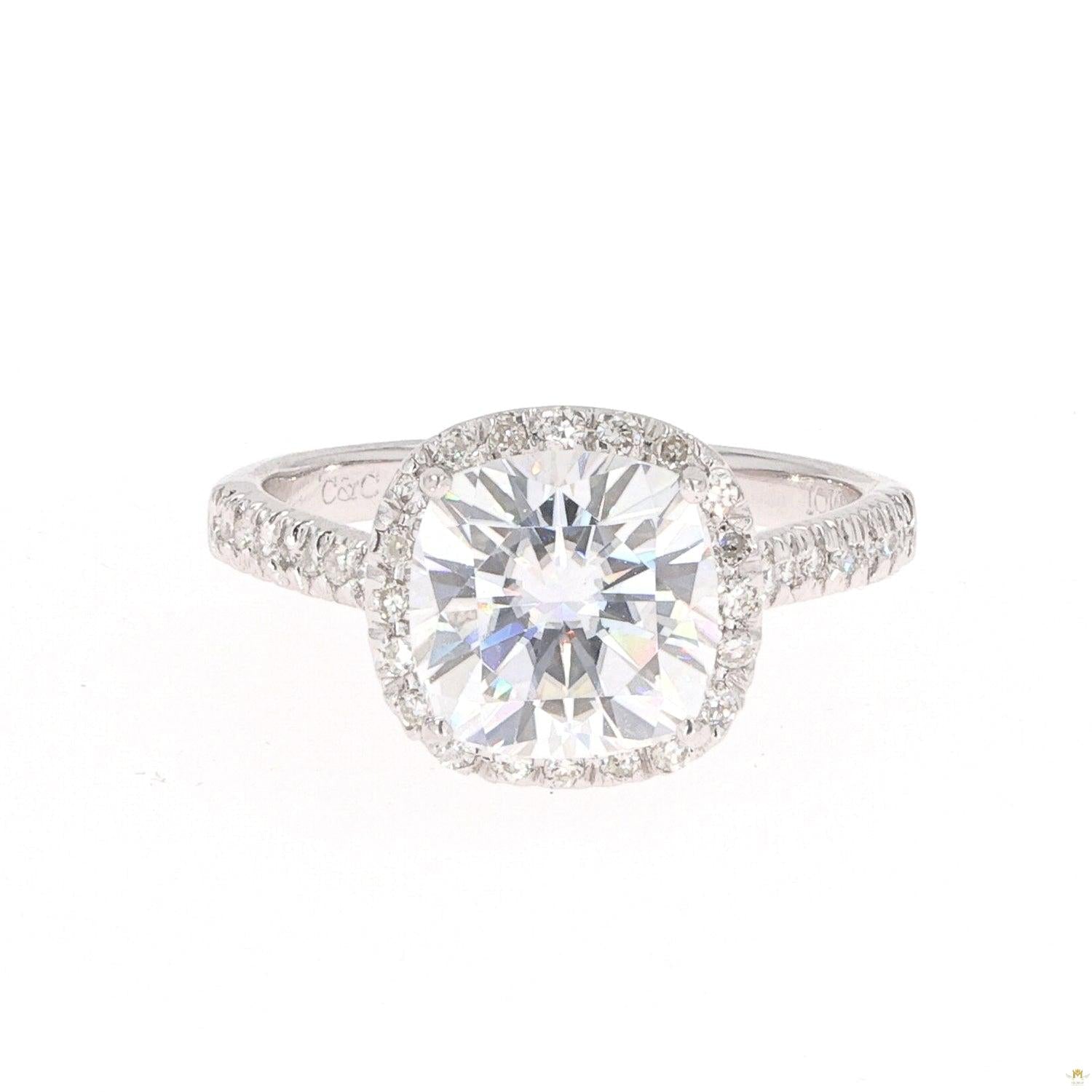 3.66 CTW   Cushion Near-Colorless Moissanite Halo with Accents Engagement Ring in Sterling Silver
