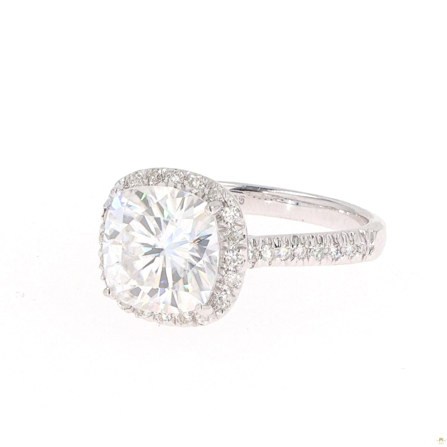 3.66 CTW   Cushion Near-Colorless Moissanite Halo with Accents Engagement Ring in Sterling Silver