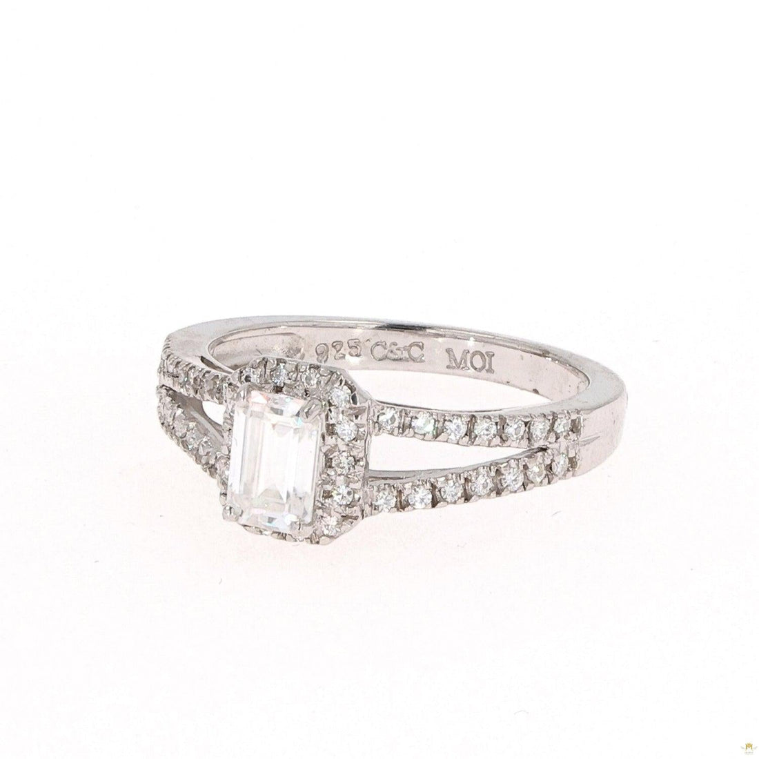 1.11 CTW   Emerald Near-Colorless Moissanite Split Shank Halo Engagement Ring in Sterling Silver