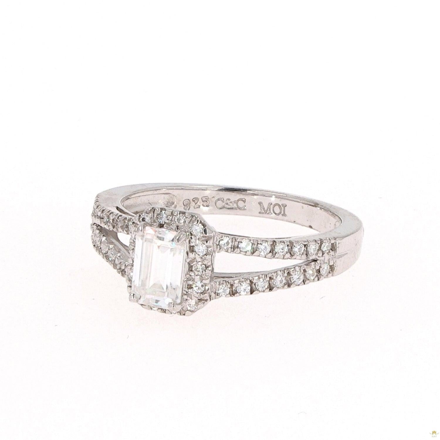 1.11 CTW   Emerald Near-Colorless Moissanite Split Shank Halo Engagement Ring in Sterling Silver