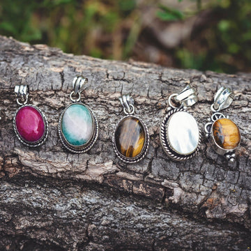 Pack of 5 Natural Colorful Stone Silver (Quality 925) Pendant Oval Cut