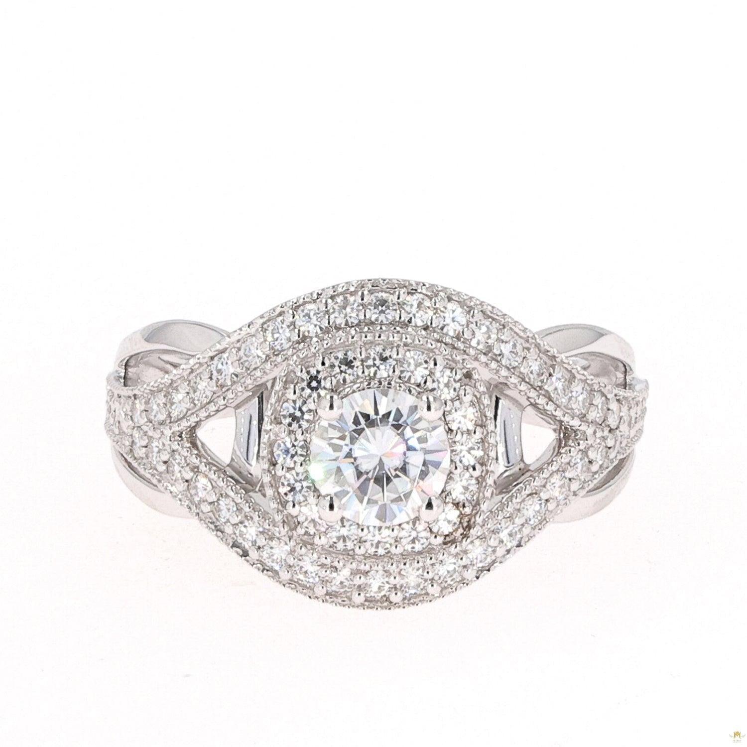 1.22 CTW   Round Near-Colorless Moissanite Accented Halo Engagement Ring in 14K White Gold