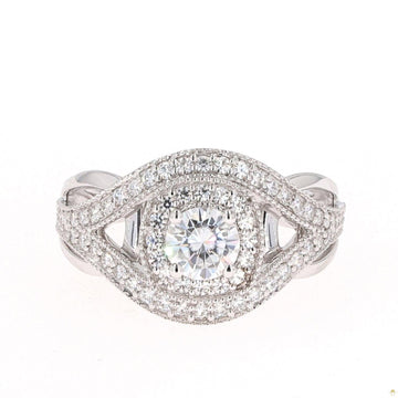 1.22 CTW   Round Near-Colorless Moissanite Accented Halo Engagement Ring in 14K White Gold