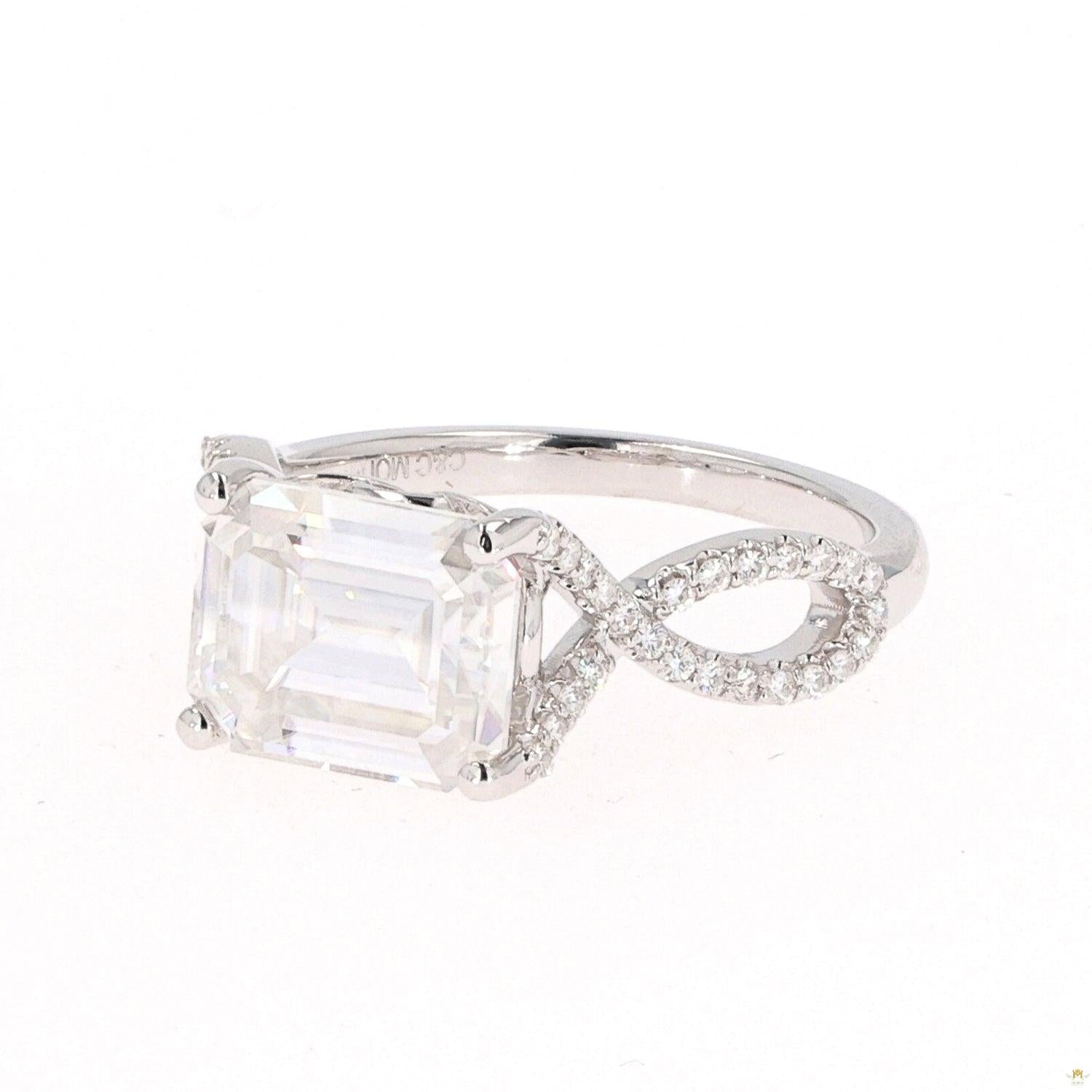 3.80 CTW   Emerald Near-Colorless Moissanite East-West Solitaire with Accents Engagement Ring in 14K White Gold