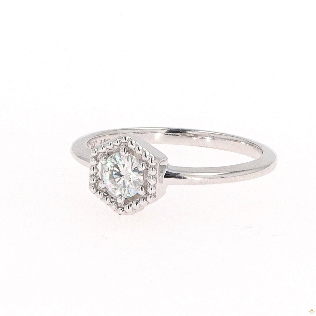 0.33 CTW   Round Moissanite Hexagon Milgrain Halo Ring in Sterling Silver