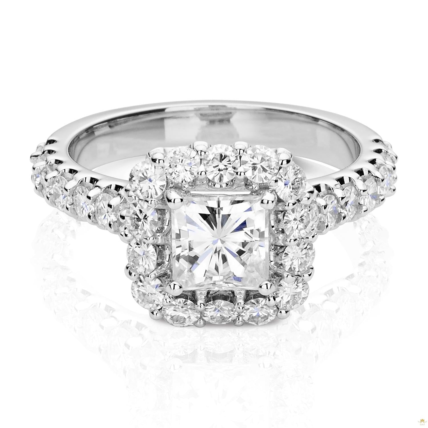 1.98 CTW   Square Moissanite Halo Ring in 14K White Gold
