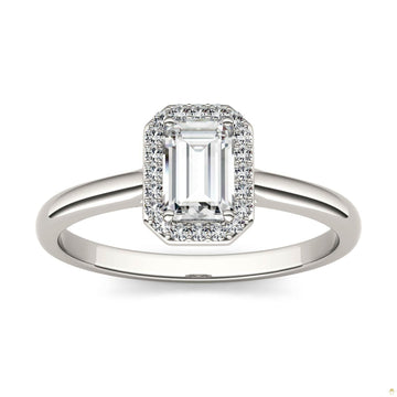 0.68 CTW   Emerald Moissanite Halo Ring in 14K White Gold