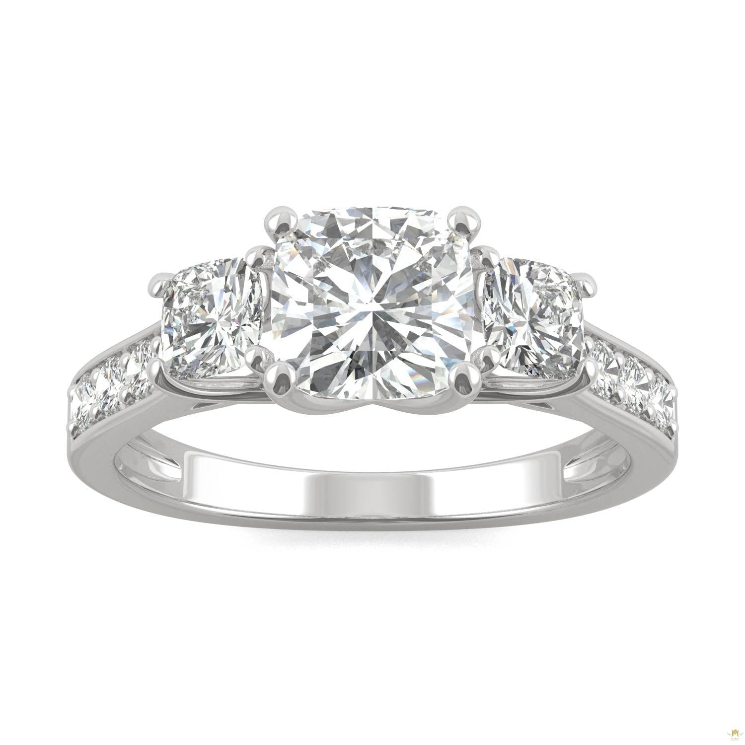 2.14 CTW   Cushion Moissanite Three Stone Ring in 14K White Gold