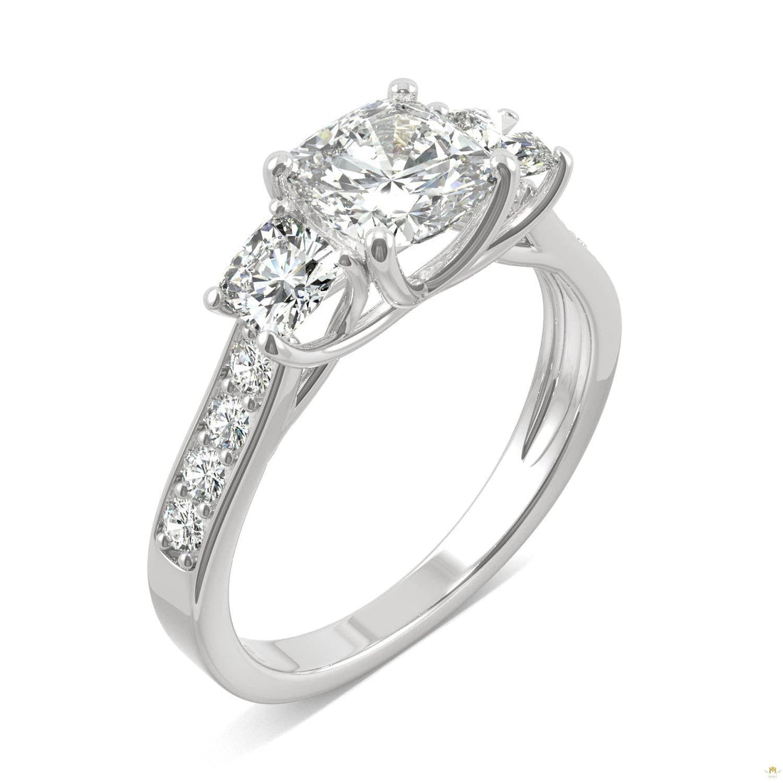 2.14 CTW   Cushion Moissanite Three Stone Ring in 14K White Gold