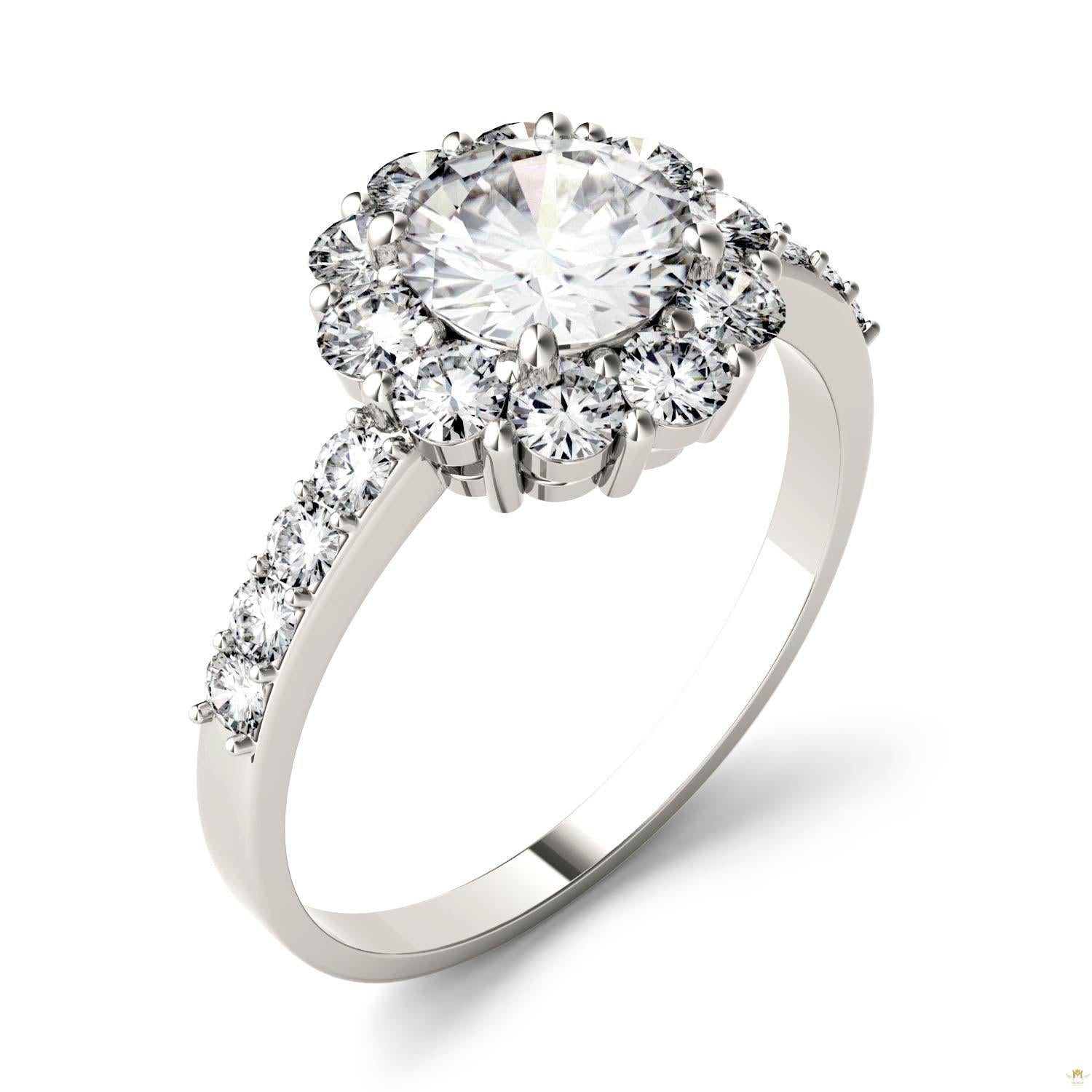 1.78 CTW   Round Moissanite Halo Ring in 14K White Gold