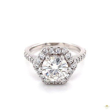 2.06 CTW   Round Near-Colorless Moissanite Halo Engagement Ring in 14K White Gold