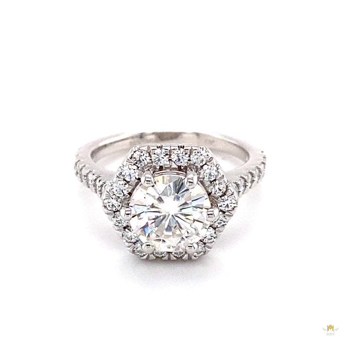 2.06 CTW   Round Near-Colorless Moissanite Halo Engagement Ring in 14K White Gold