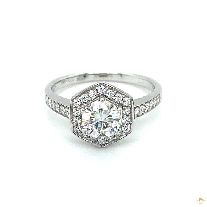 1.10 CTW   Round Near-Colorless Moissanite Geometric Halo Engagement Ring in 14K White Gold