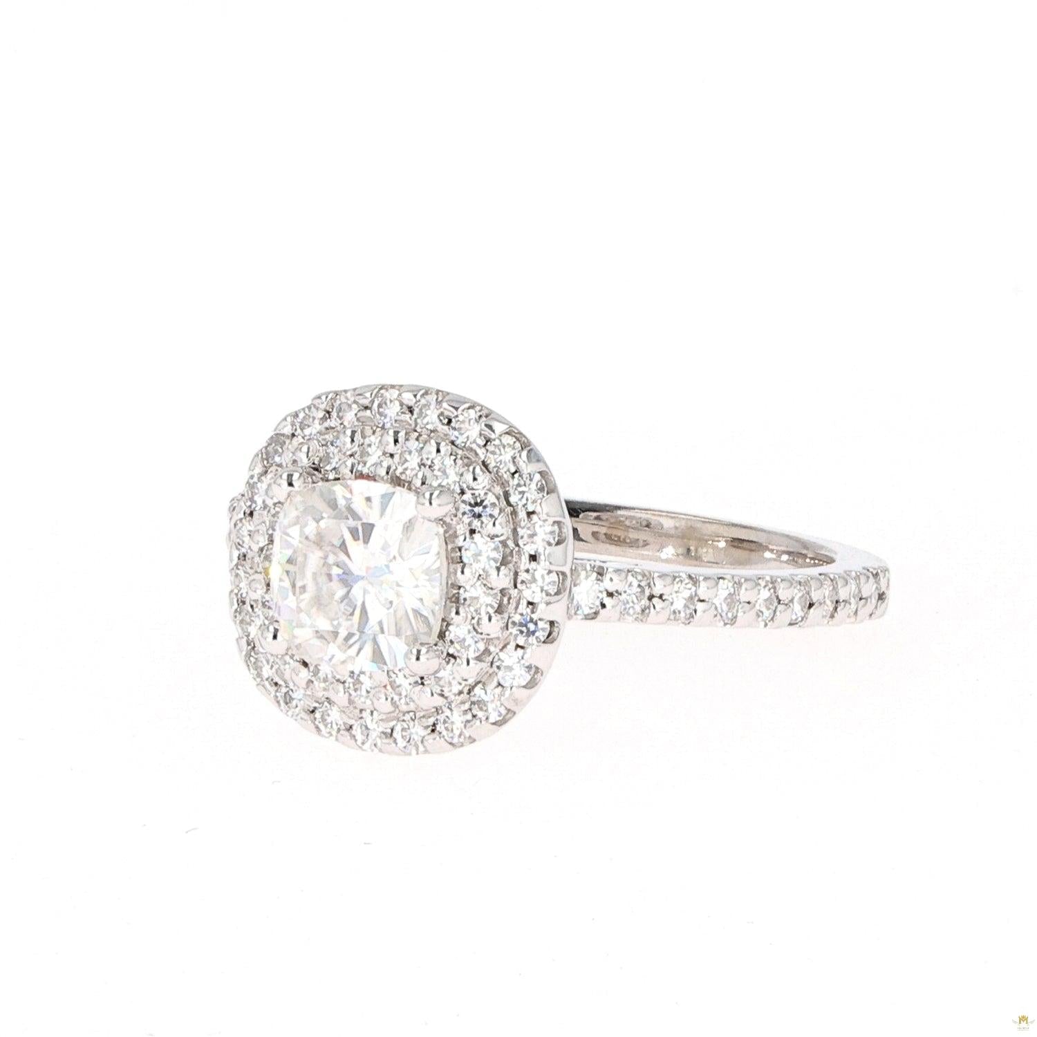 1.77 CTW   Cushion Near-Colorless Moissanite Halo Ring in 14K White Gold