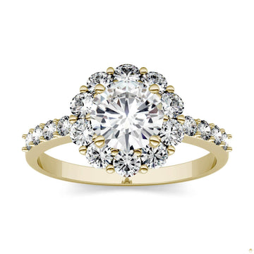 1.78 CTW   Round Moissanite Halo Ring in 14K Yellow Gold