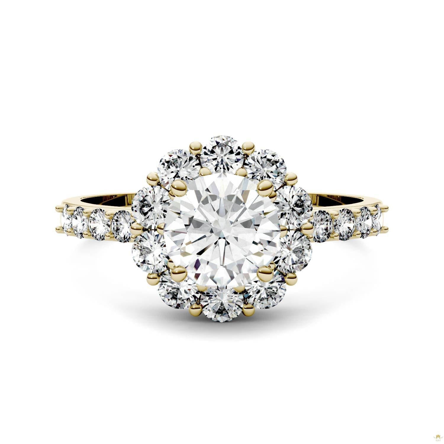 1.78 CTW   Round Moissanite Halo Ring in 14K Yellow Gold