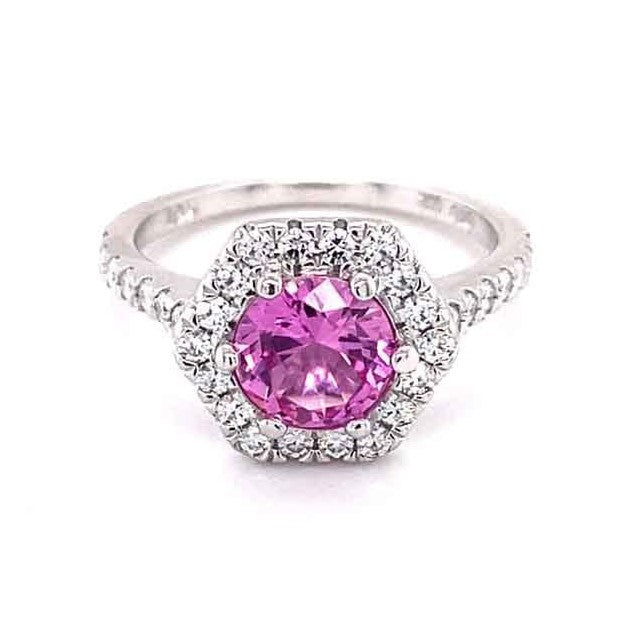 3.26 CTW   Pink Round Lab Created Sapphire & Moissanite Statement Ring in 14K White Gold