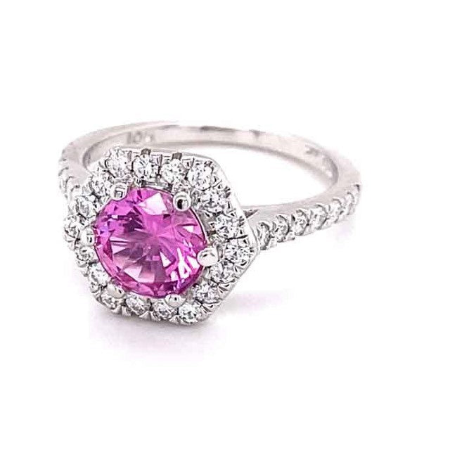 3.26 CTW   Pink Round Lab Created Sapphire & Moissanite Statement Ring in 14K White Gold