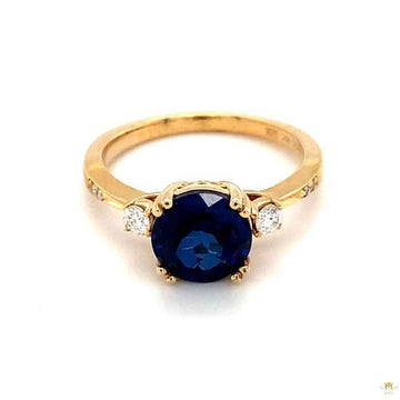2.84 CTW   Blue Round Lab Created Sapphire & Moissanite Statement Ring in 14K Yellow Gold