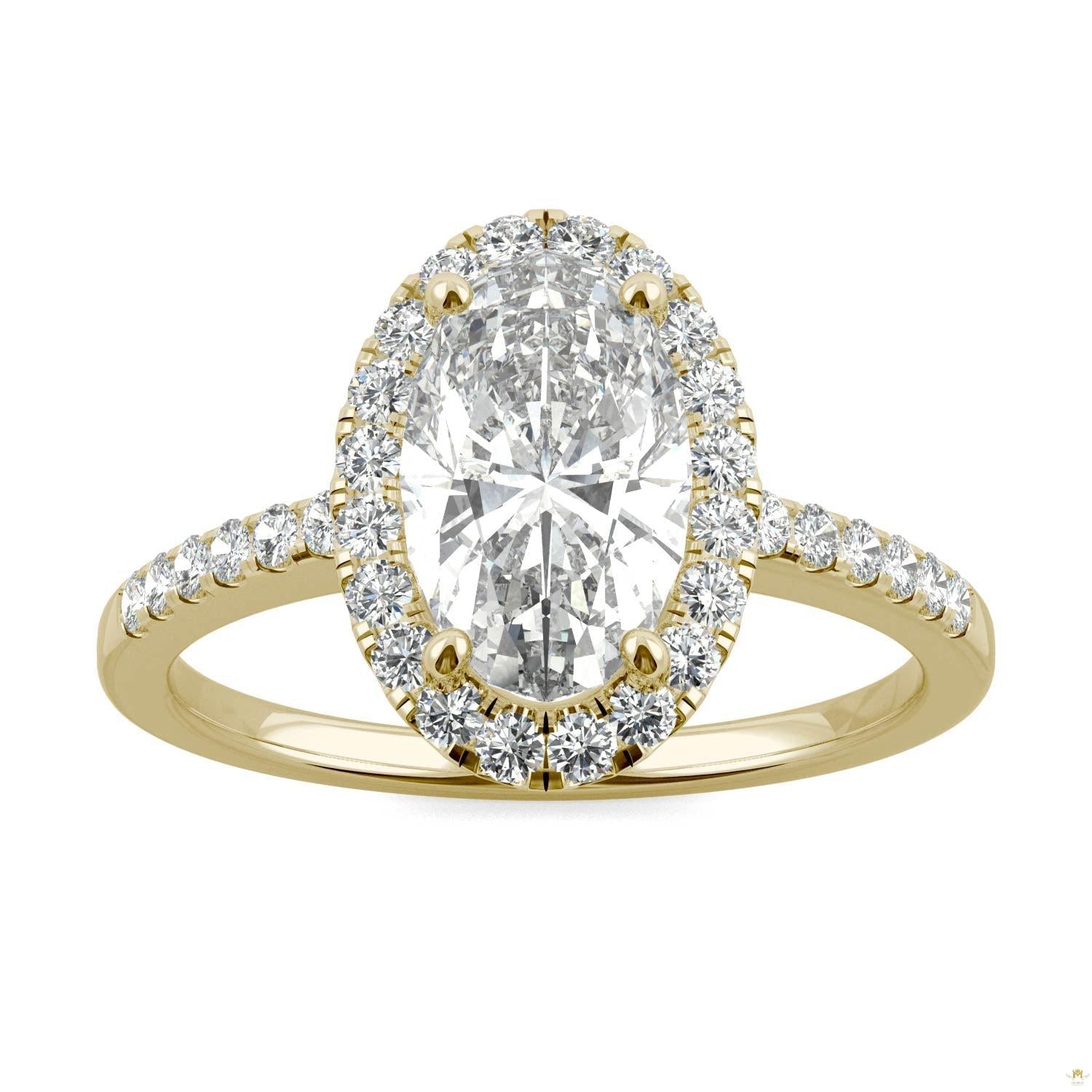 2.62 CTW   Elongated Oval Moissanite Halo Ring in 14K Yellow Gold