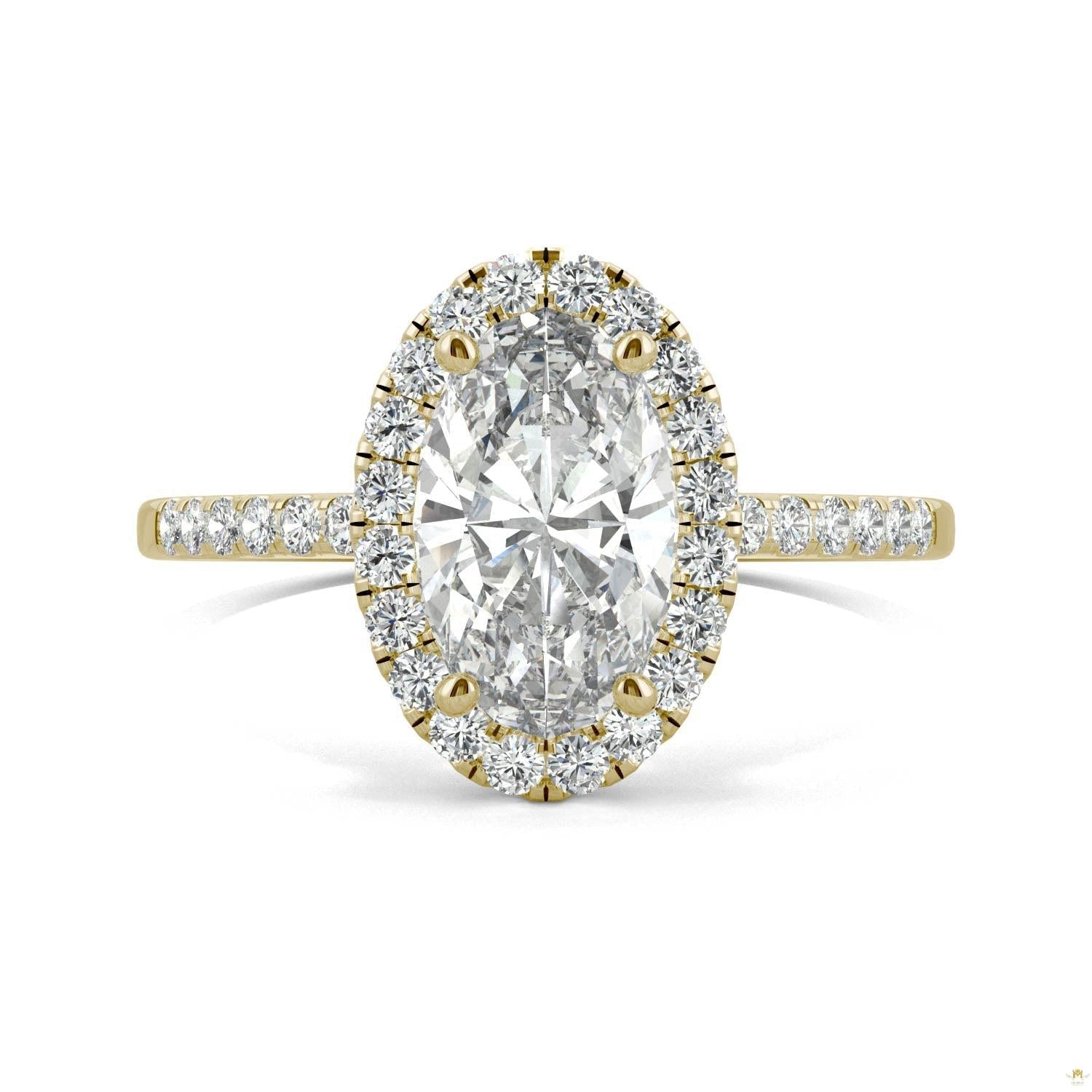 2.62 CTW   Elongated Oval Moissanite Halo Ring in 14K Yellow Gold