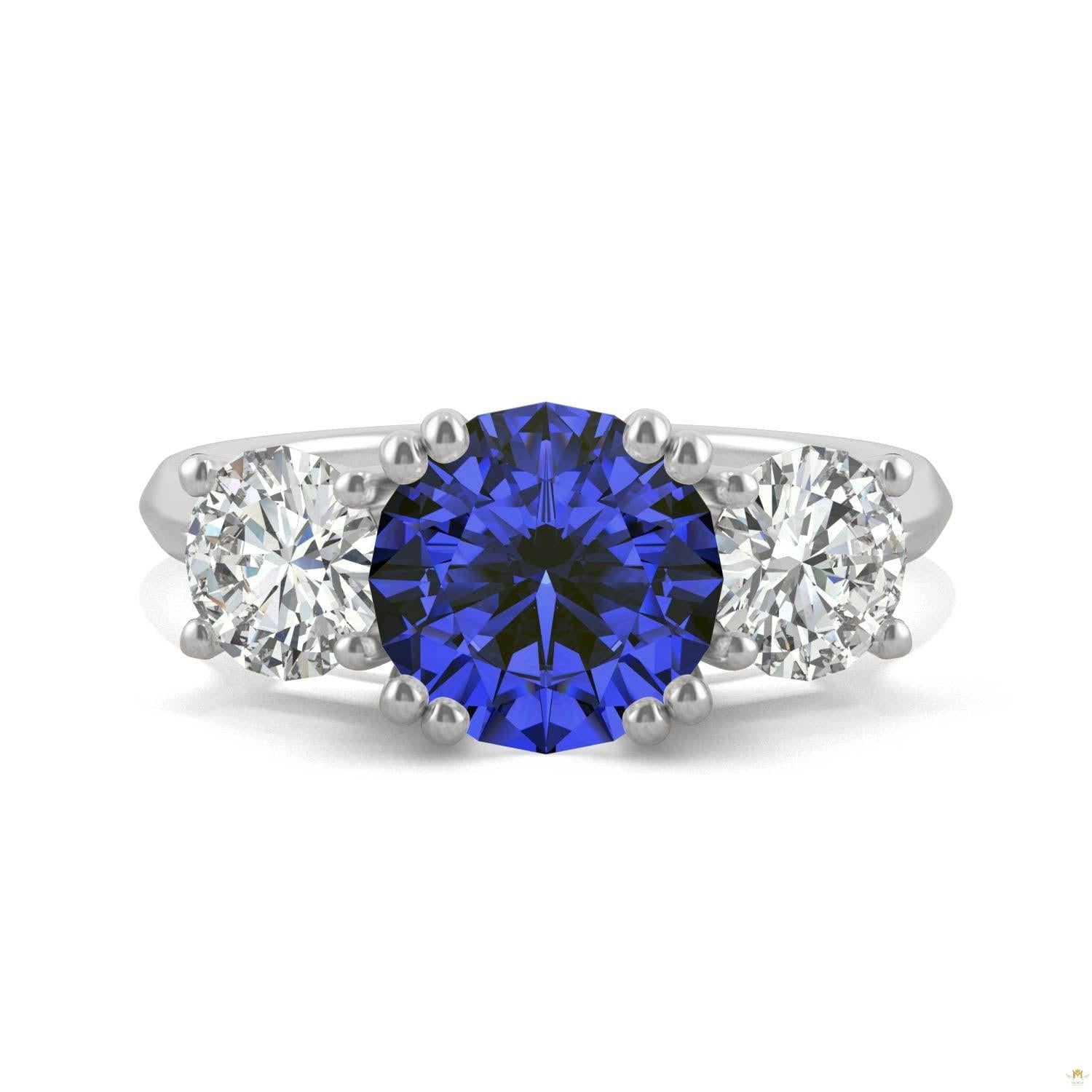 3.90 CTW   Round Sapphire Three Stone Ring in 14K White Gold