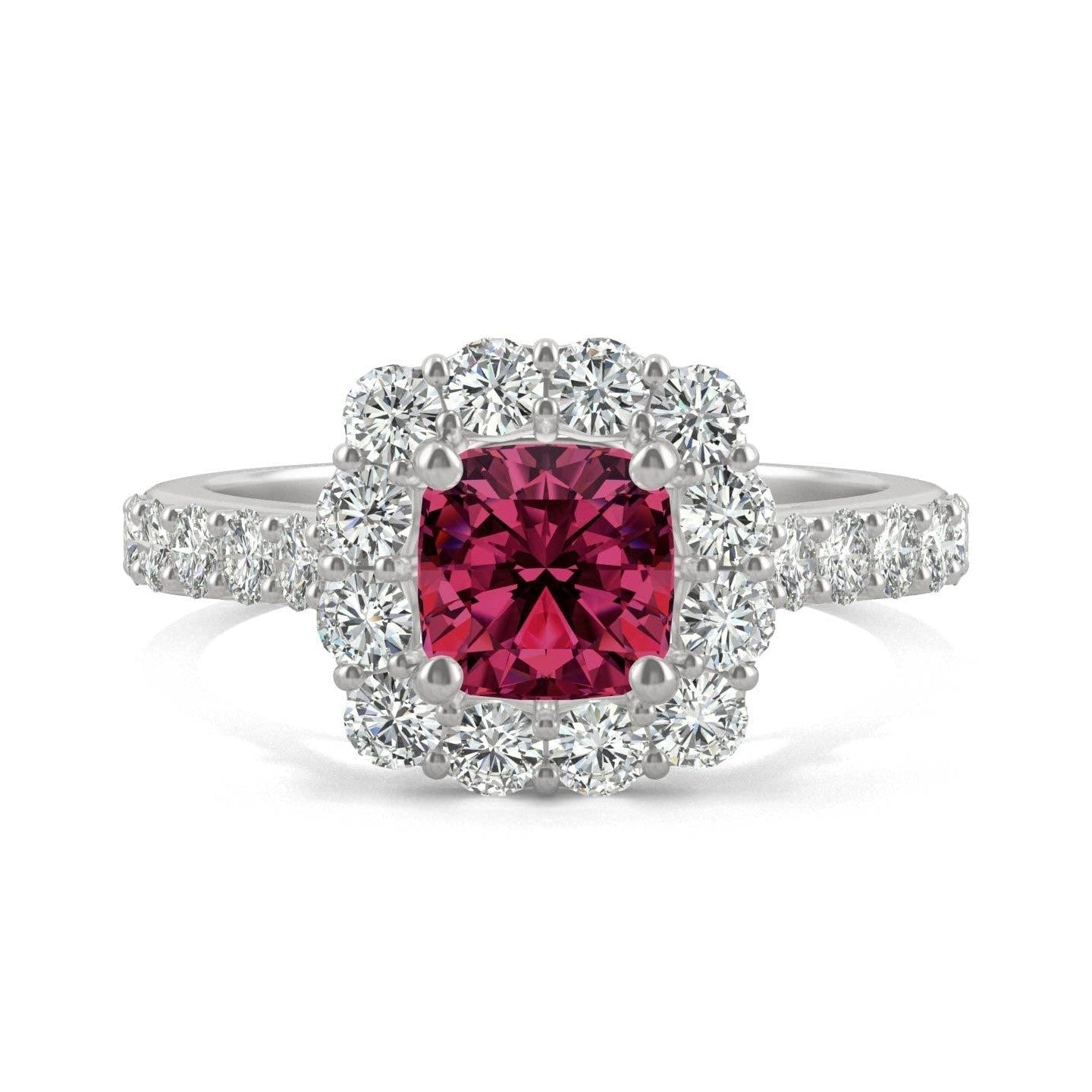2.30 CTW   Cushion Ruby Halo Ring in 14K White Gold