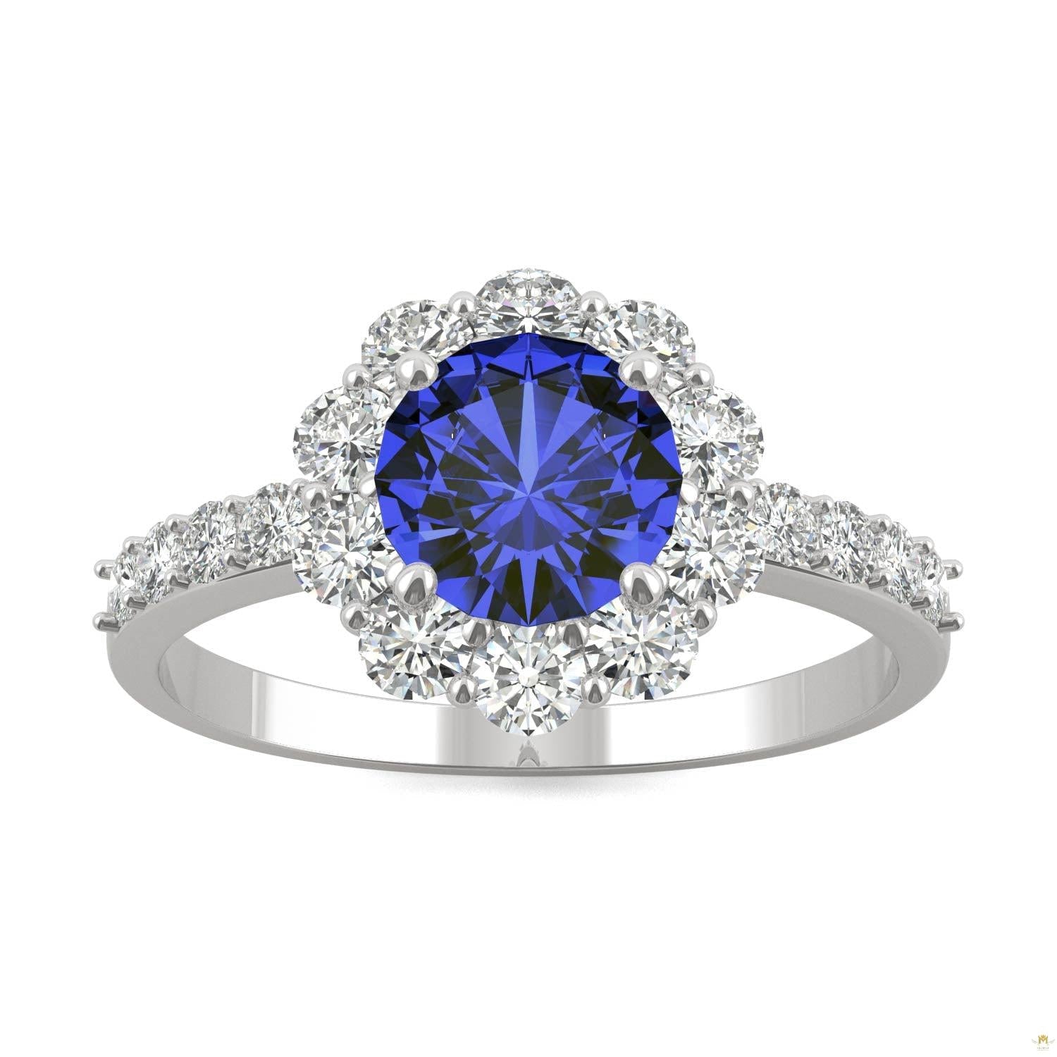 2.28 CTW   Round Sapphire Halo Ring in 14K White Gold