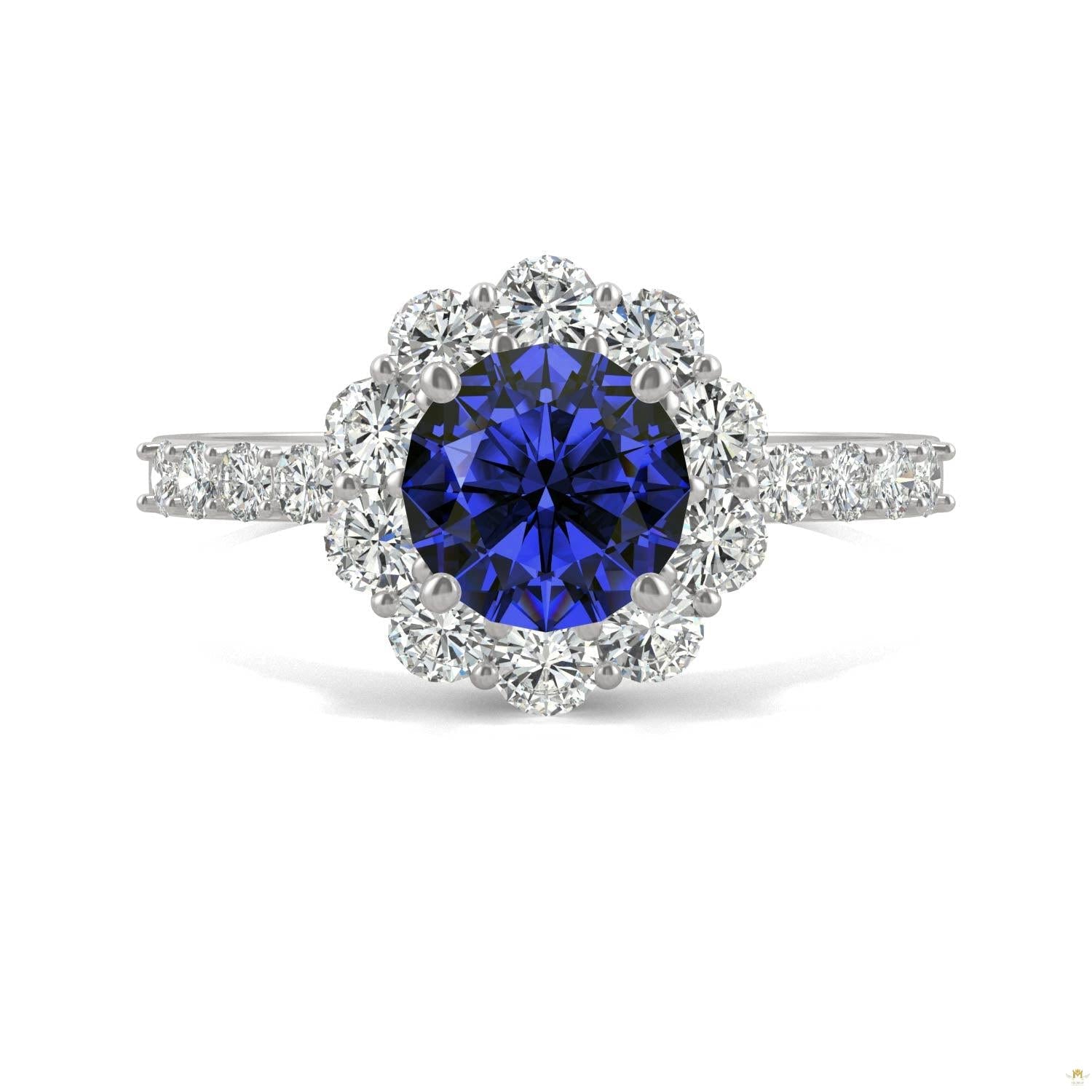 2.28 CTW   Round Sapphire Halo Ring in 14K White Gold