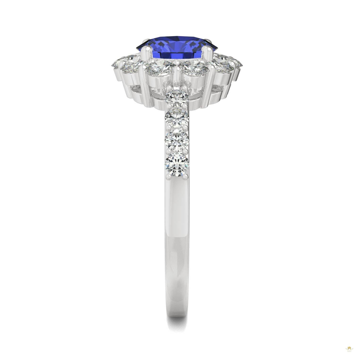 2.28 CTW   Round Sapphire Halo Ring in 14K White Gold