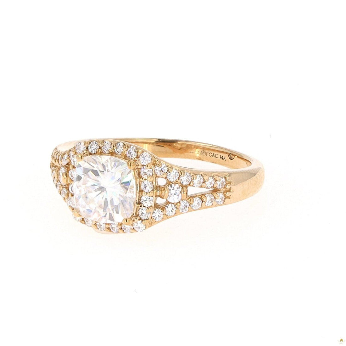 2.20 CTW   Cushion Near-Colorless Moissanite Accented Halo Engagement Ring in 14K Yellow Gold