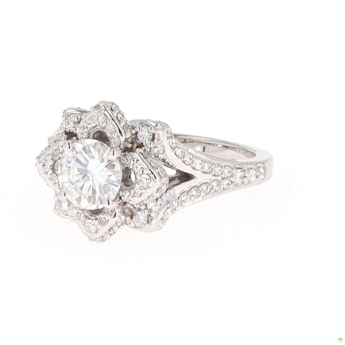 1.70 CTW   Round Near-Colorless Moissanite Flower Solitaire Ring in 14K White Gold