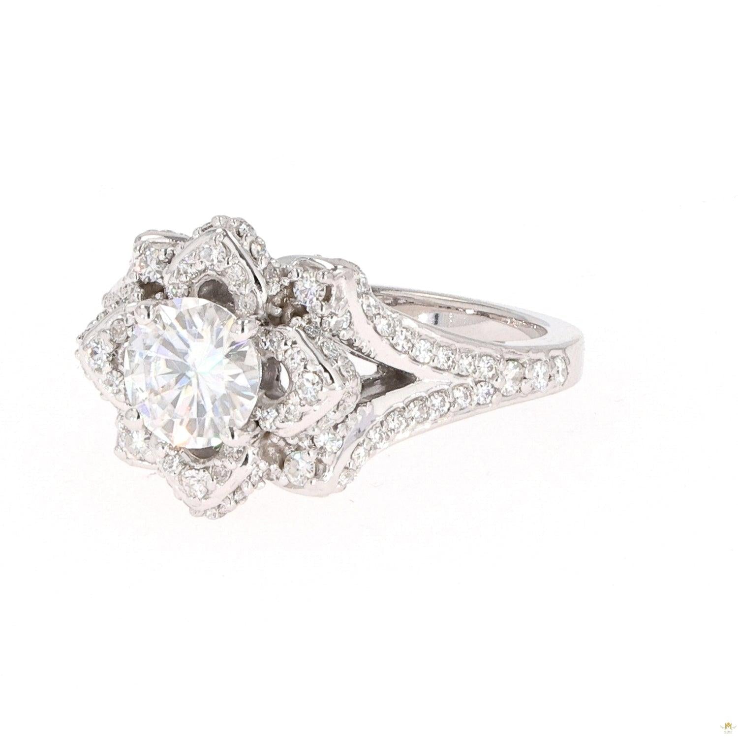 1.70 CTW   Round Near-Colorless Moissanite Flower Solitaire Ring in 14K White Gold