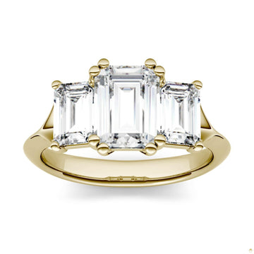 2.91 CTW   Emerald Moissanite Three Stone Ring in 14K Yellow Gold