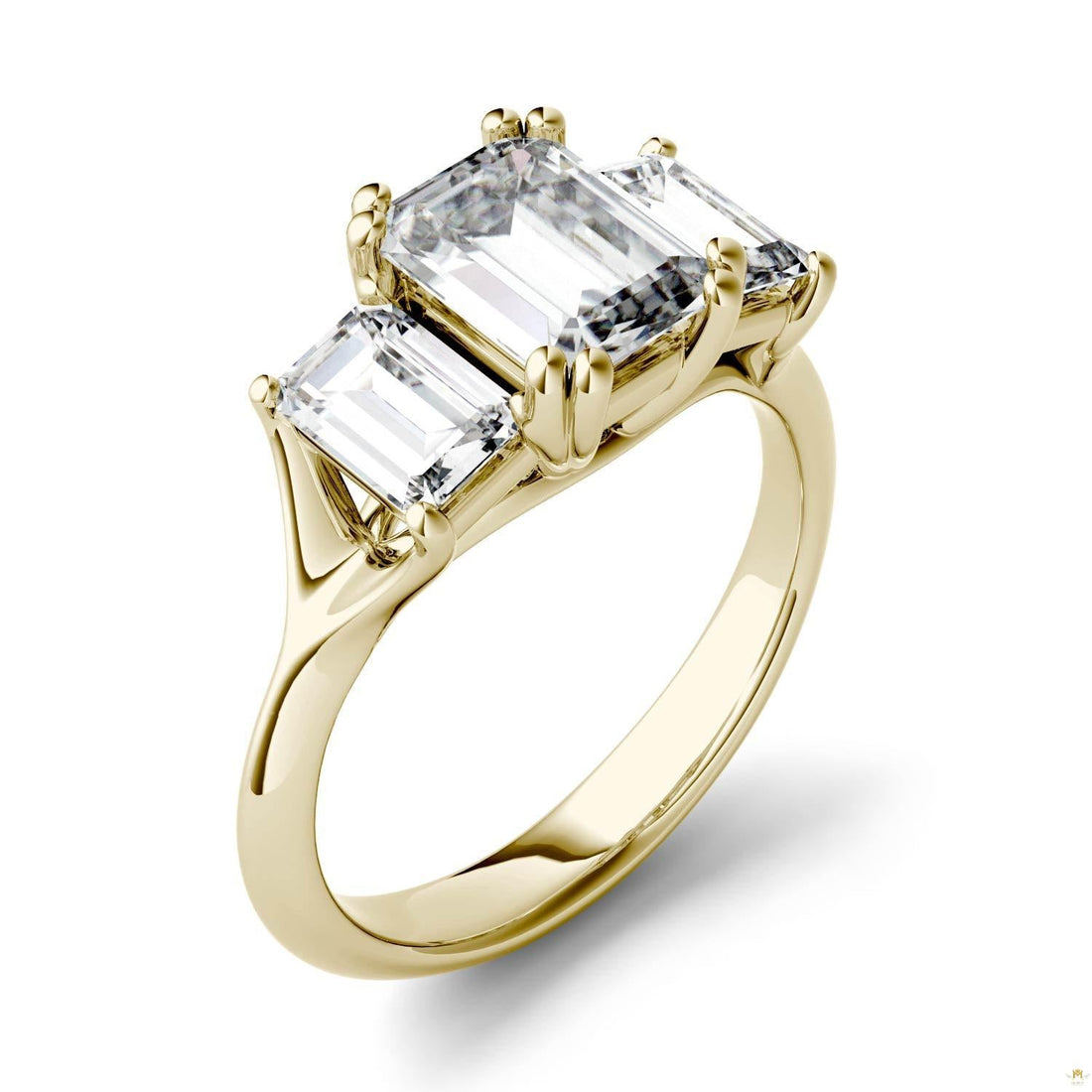 2.91 CTW   Emerald Moissanite Three Stone Ring in 14K Yellow Gold