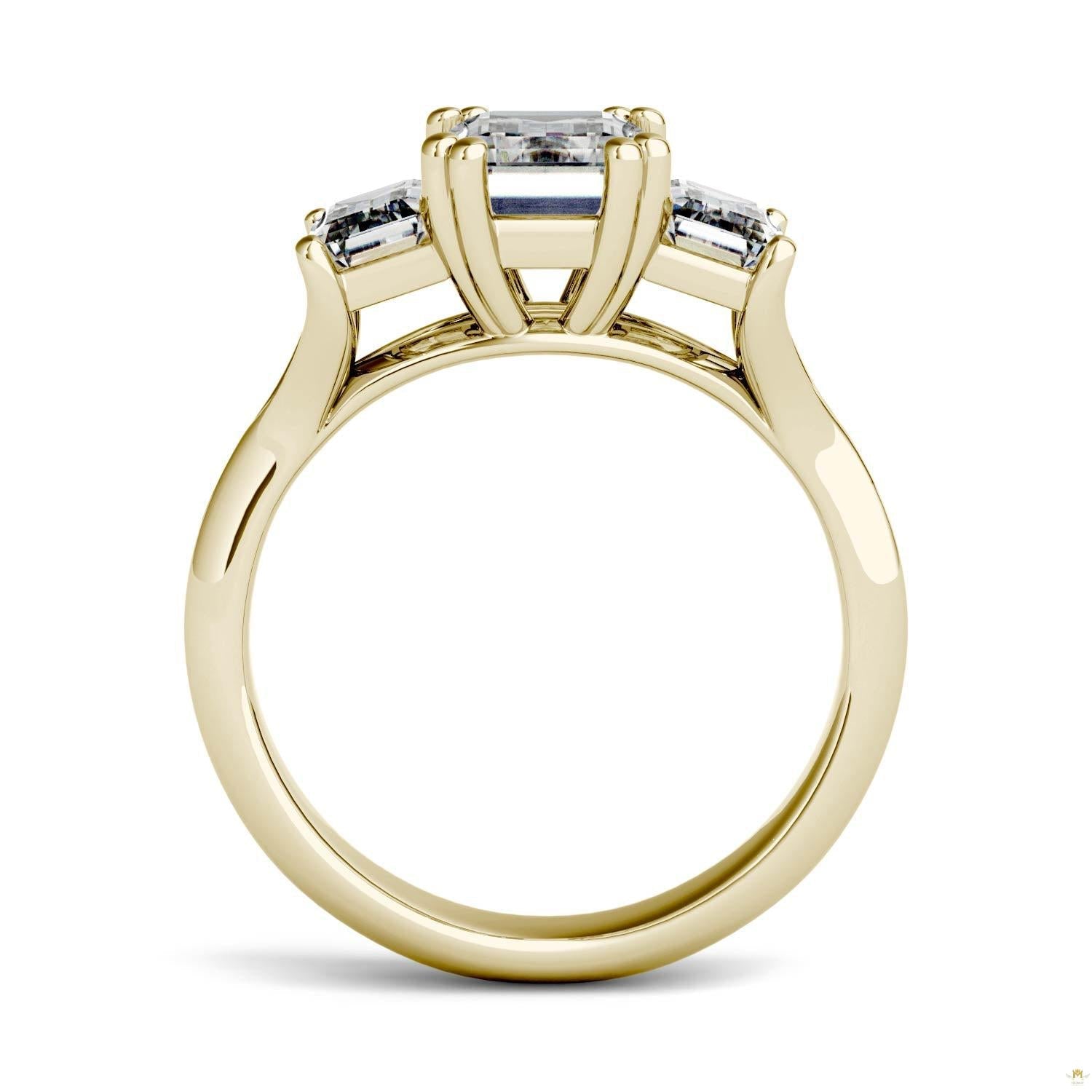 2.91 CTW   Emerald Moissanite Three Stone Ring in 14K Yellow Gold