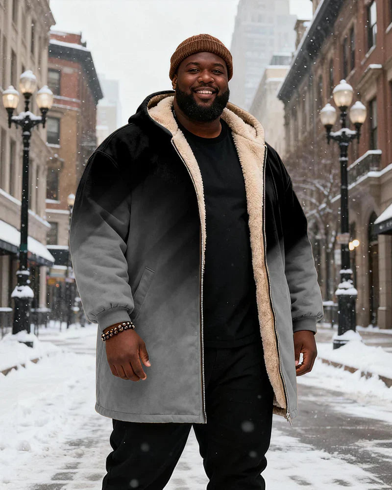 Big & Tall Men's Black And Red Gradient Printed Velvet Padded Long Hooded Coat Main image