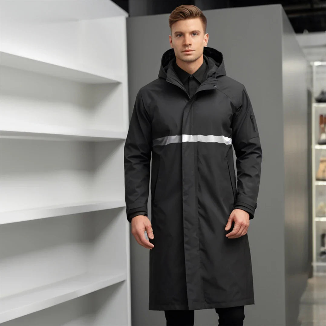 Stylish Black Trench Coat With Reflective Stripe Design Waterproof Night Visibility All-Season Wear Rain Jacket Rainwear Main image
