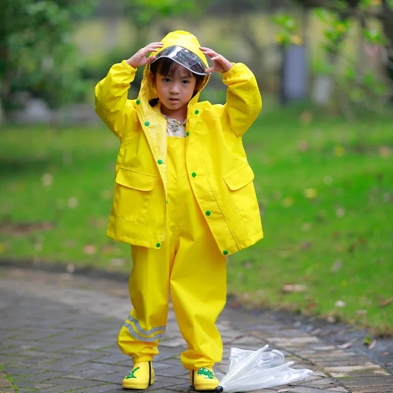 Outdoor Waterproof Reflective Raincoat Suit for Boys and Girls Polyester Overalls With Suspender Trousers for Rain and Travel