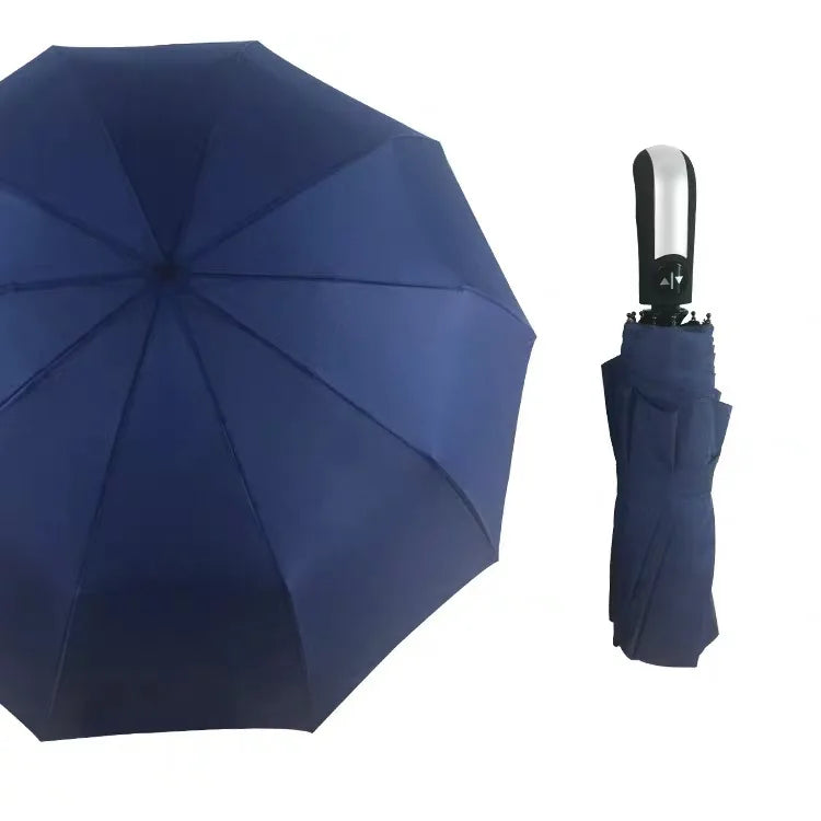 23-Inch Large Size Full Automatic 3-Folding Umbrella 10 Rainproof UV Proof Pongee Fabric Metal Plastic Logo Adults Traveling
