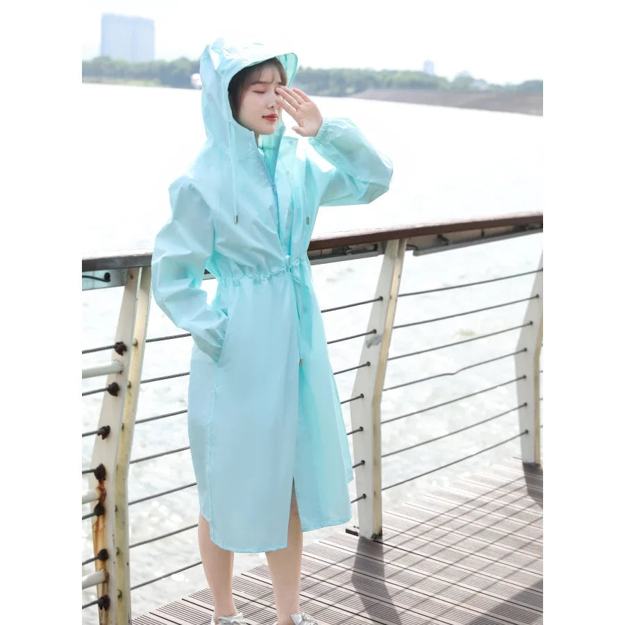 Japan South Korea Women's Lightweight Nylon Raincoat Breathable Long Fashion Waterproof Raincoat Leisure Hiking Wind Girls
